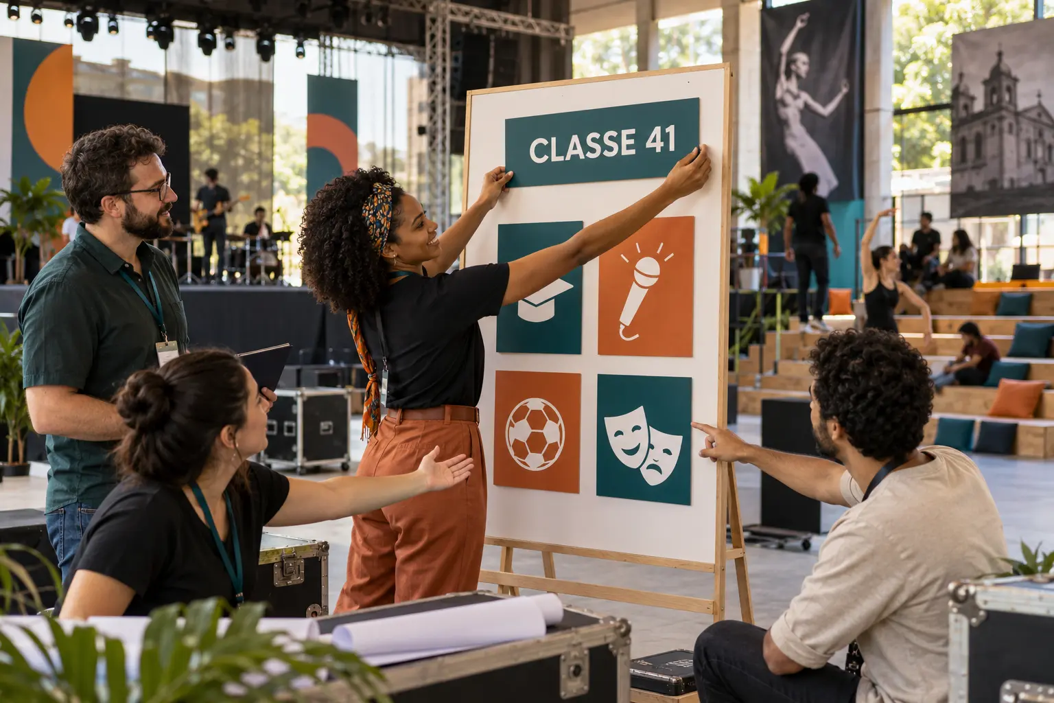 Classe 41 INPI representada em evento de educação e cultura com símbolos de cursos, esporte e entretenimento