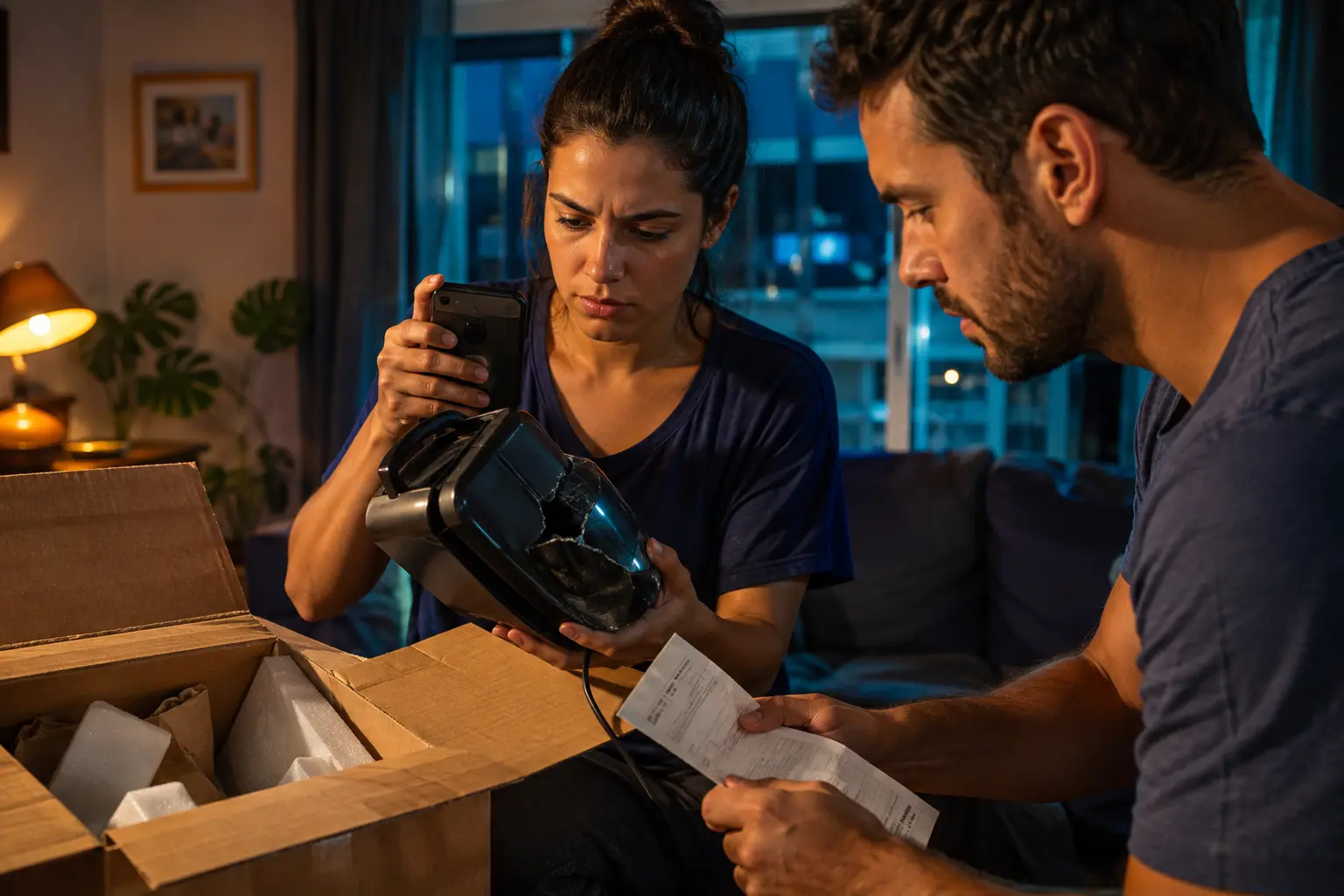 Consumidora fotografa produto danificado antes de pedir reembolso na Amazon