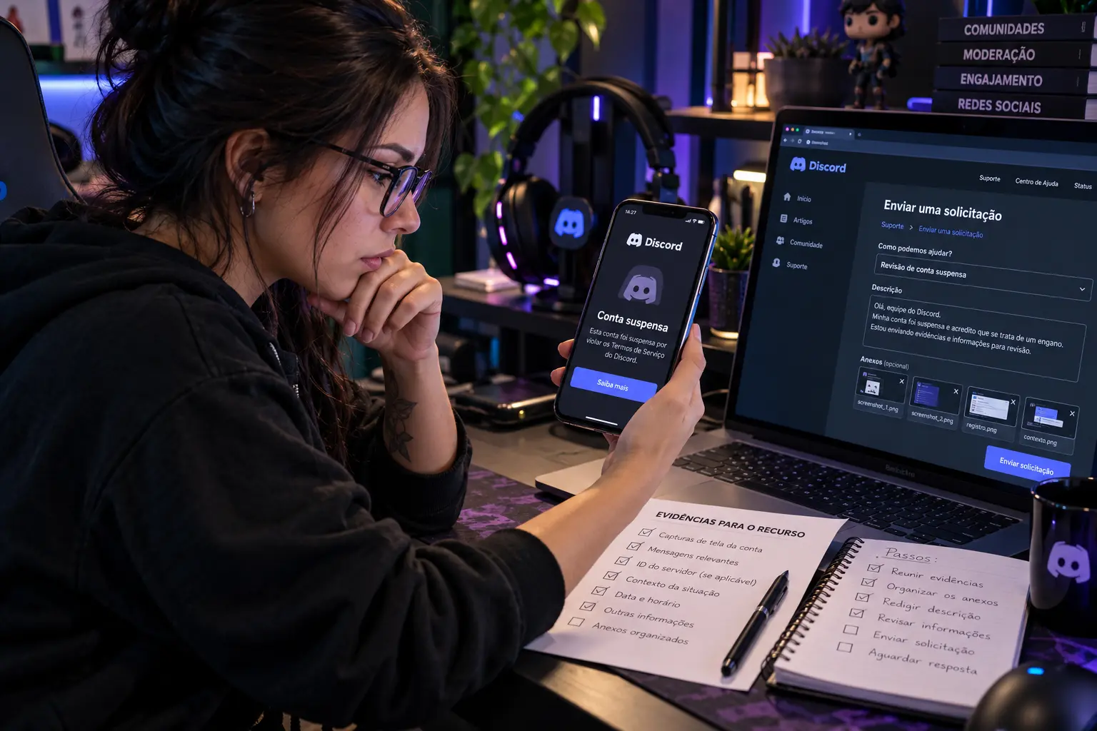 Pessoa prepara recurso após receber aviso de conta do Discord suspensa