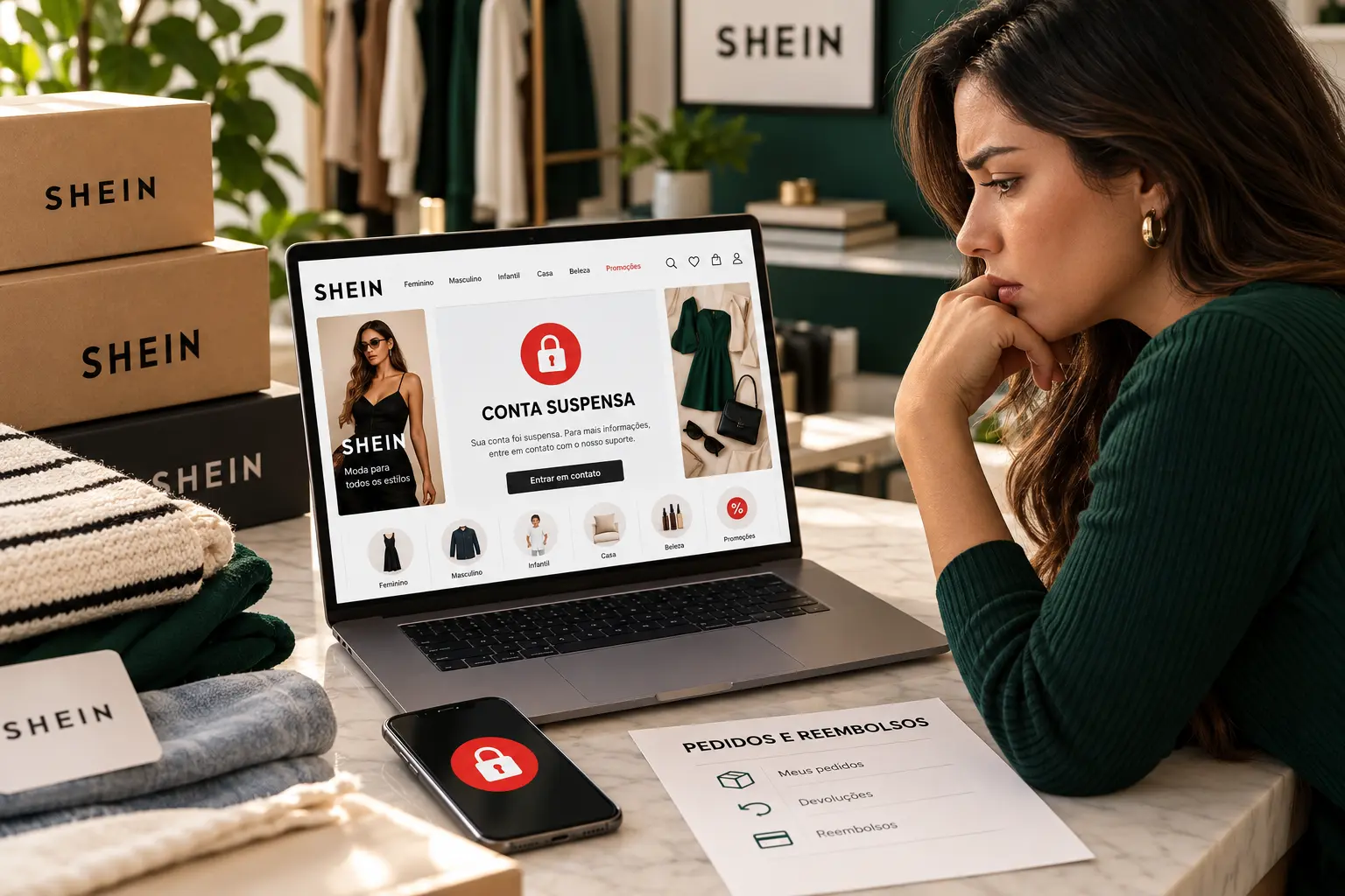 Consumidora consulta aviso de conta suspensa na SHEIN e organiza pedidos e reembolsos