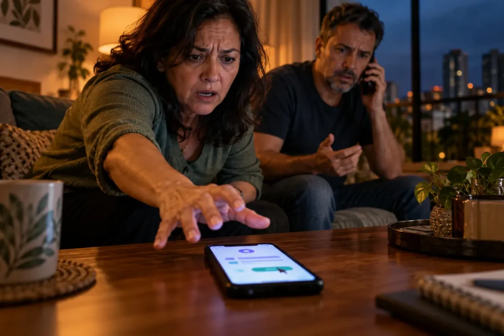 Vítima do golpe da mão fantasma tenta interromper acesso remoto ao celular enquanto familiar contata o banco