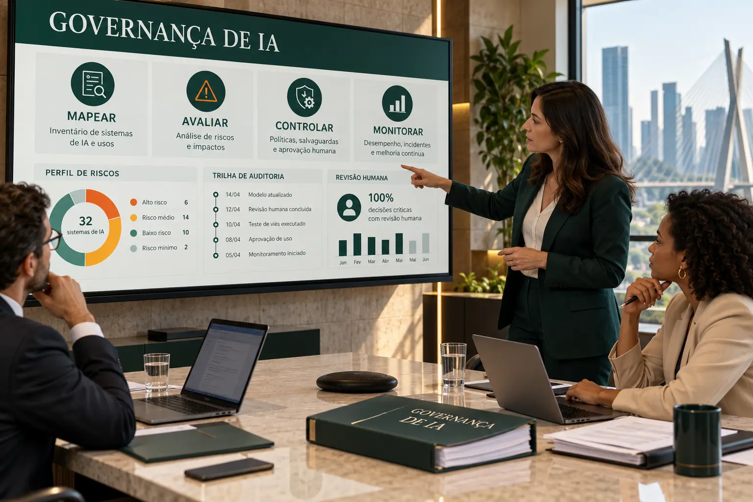 Equipe empresarial analisa painel de governança de IA com mapeamento, avaliação, controle e monitoramento de riscos