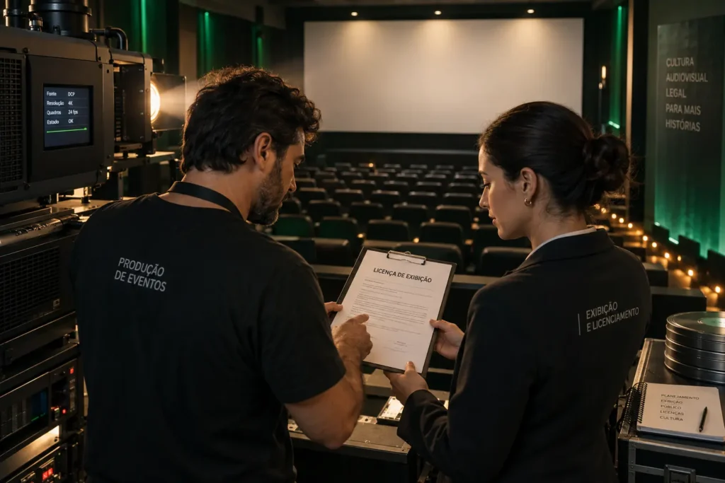 Produtor de eventos e profissional de licenciamento revisam uma licença para exibir filmes em sala de cinema