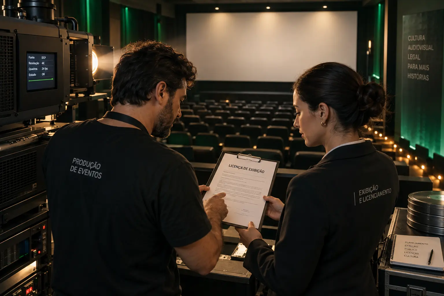 Produtor de eventos e profissional de licenciamento revisam uma licença para exibir filmes em sala de cinema