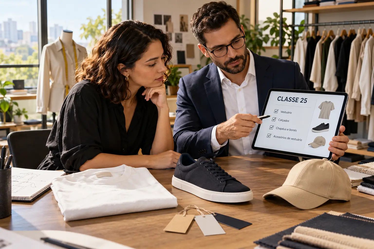 Classe 25 INPI analisada em ateliê com roupas, calçado e chapelaria