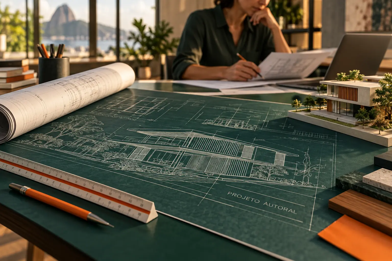 Direito autoral projeto arquitetônico representado por planta, maquete e arquiteta