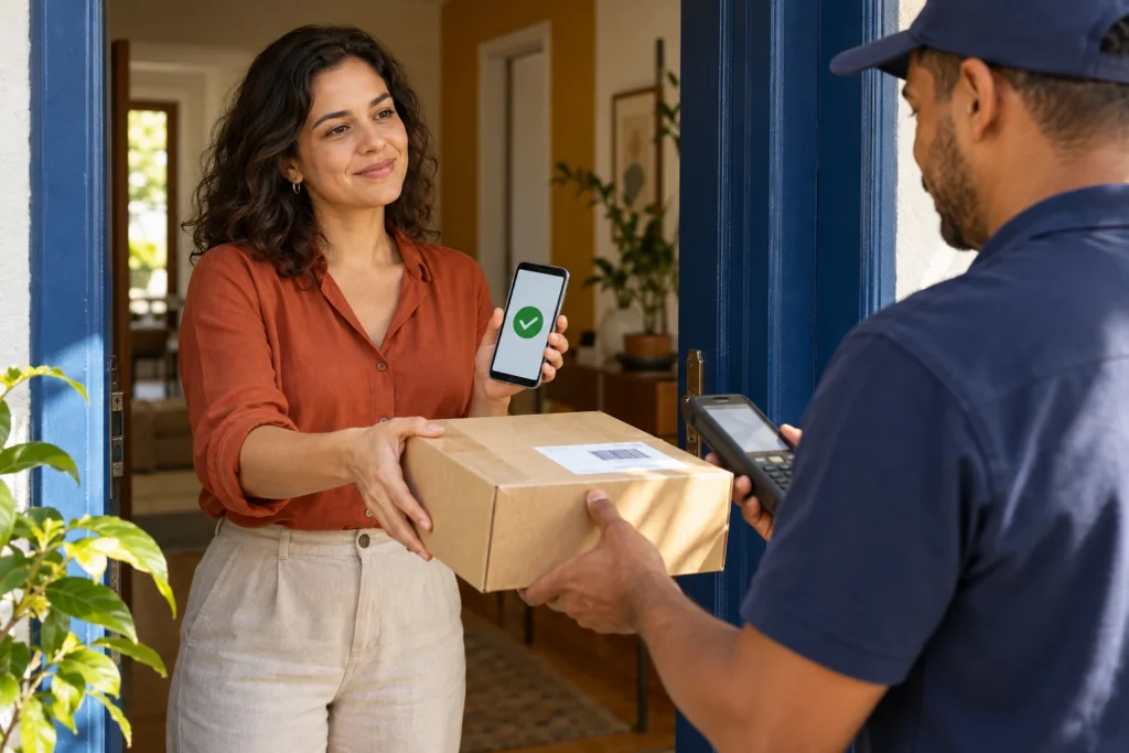 Consumidora entrega pacote de devolução ao transportador após exercer o direito de arrependimento em uma compra online.