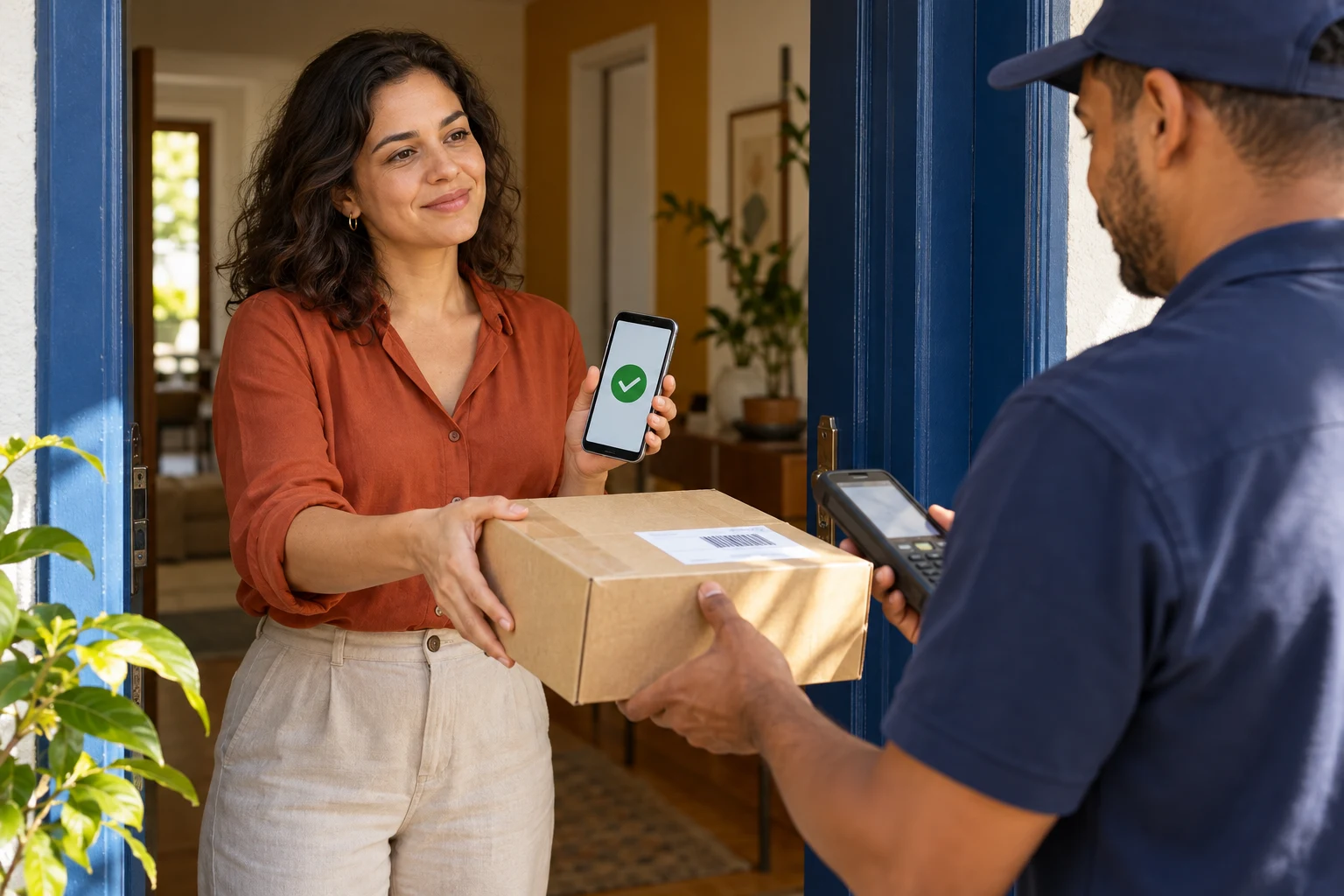 Consumidora entrega pacote de devolução ao transportador após exercer o direito de arrependimento em uma compra online.