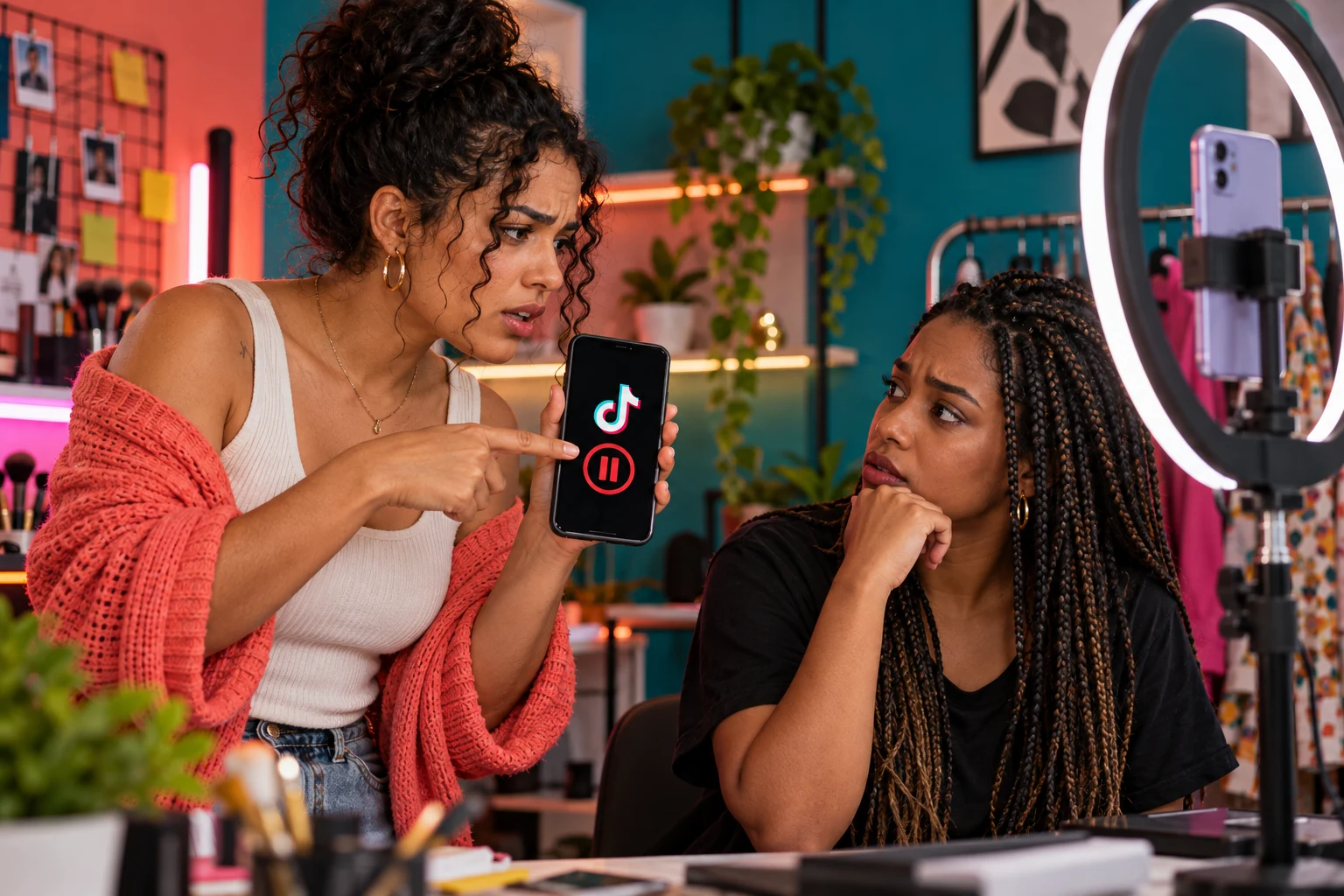 Criadora mostra à colega um celular com símbolo de pausa na monetização do TikTok durante gravação em estúdio.
