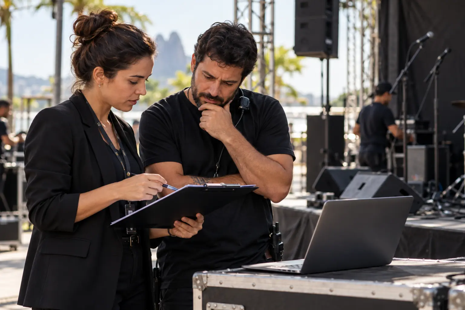 Organizadores avaliam quando pagar ECAD no orçamento de um evento com palco e equipamentos musicais.