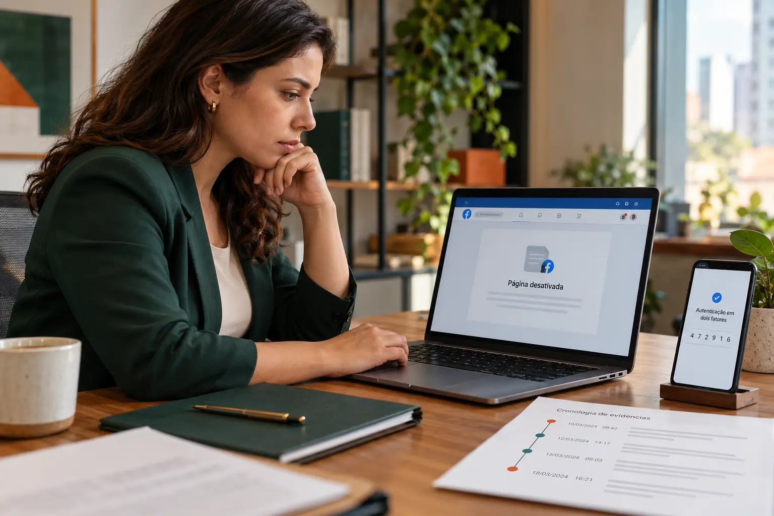 Empresária analisa aviso de página do Facebook desativada e organiza provas para recurso